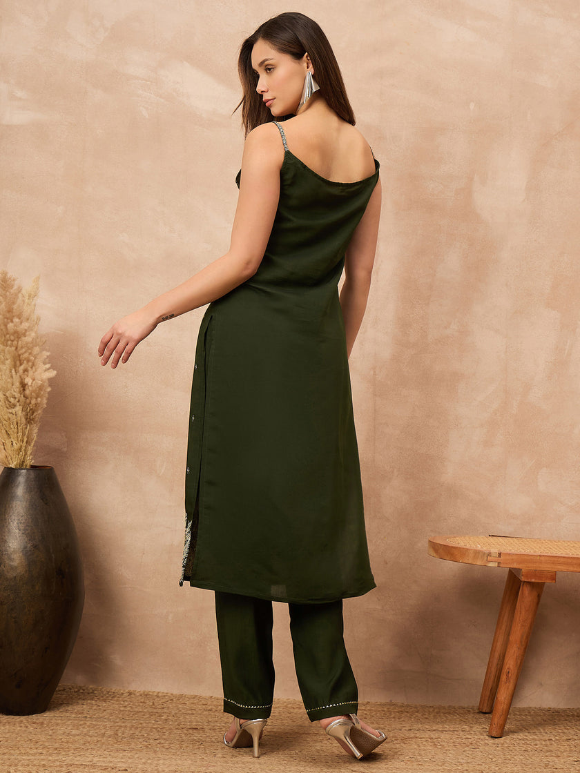 Green Silk Blend Embroideried A-Line Kurta Trouser