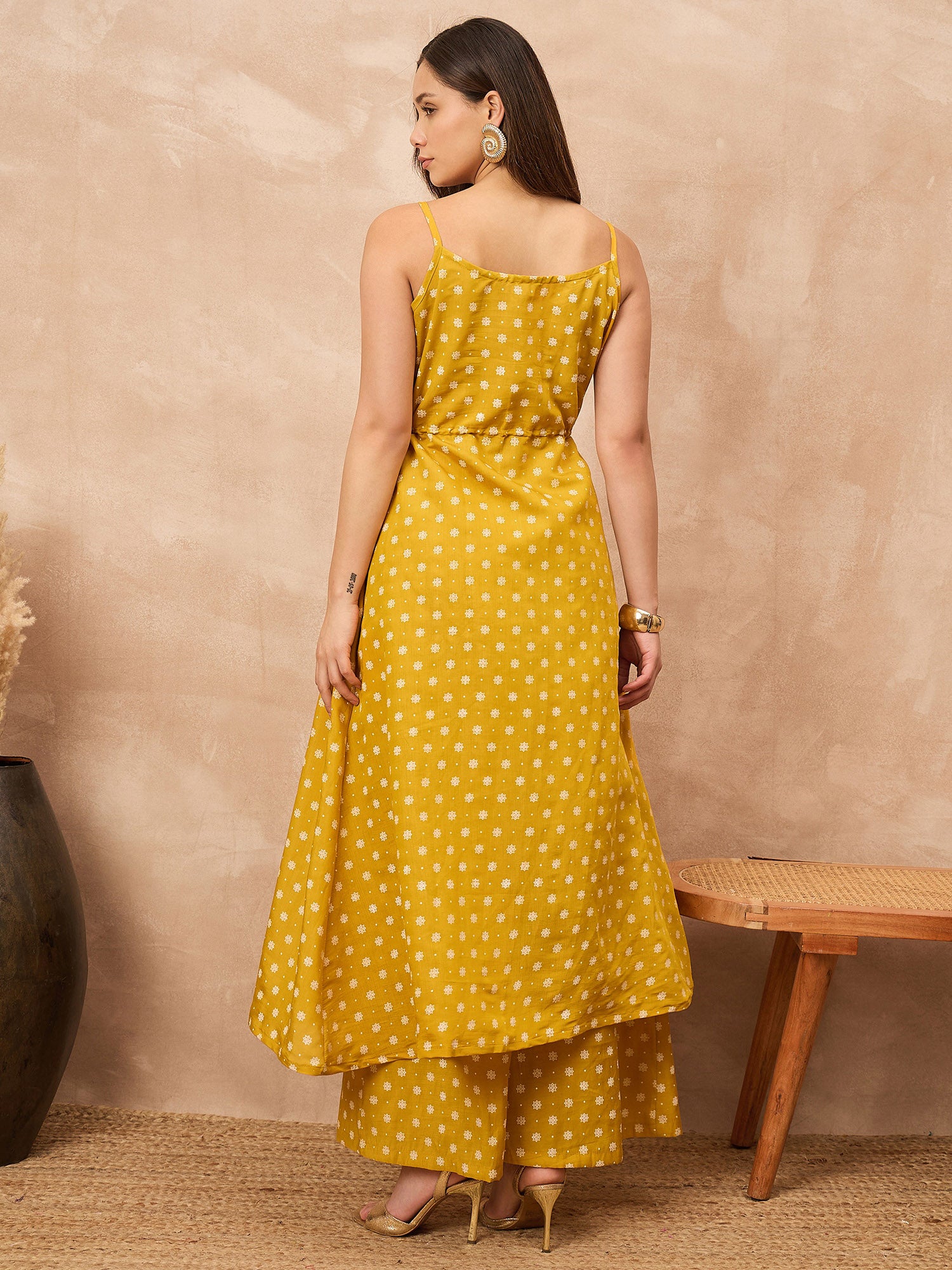 Yellow Silk Blend Printed A-Line Kurta Palazzo