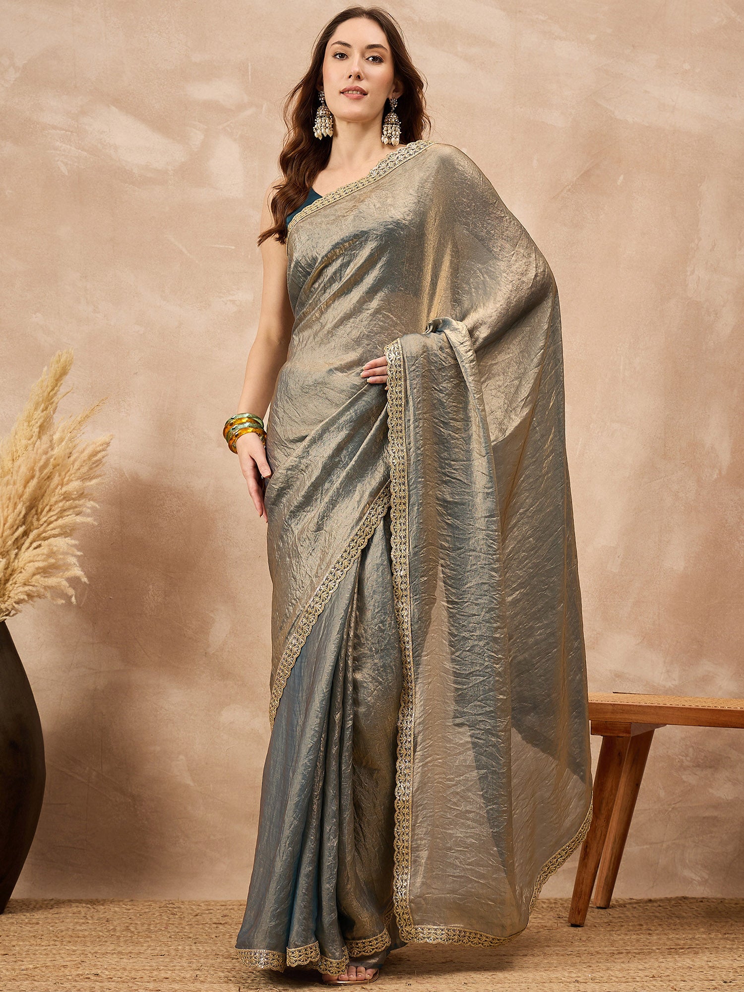 Silver Organza Solid with Gota Lace Saree with Unstitched Blouse