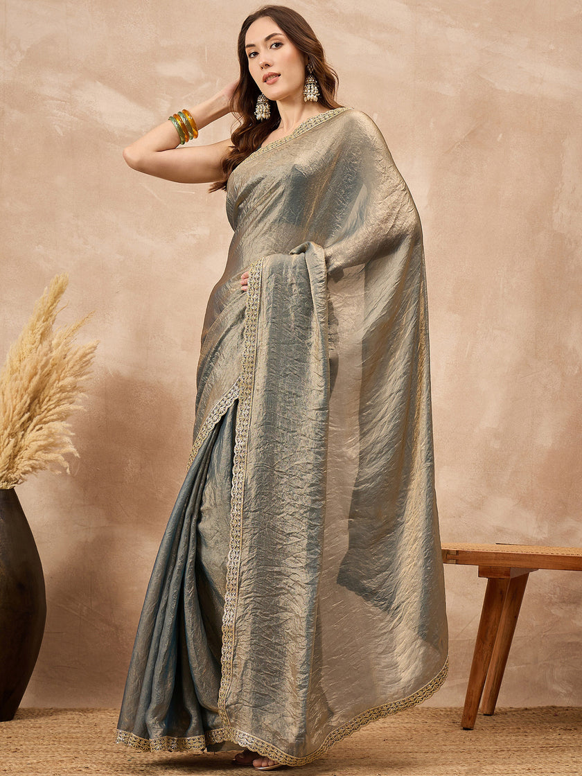 Silver Organza Solid with Gota Lace Saree with Unstitched Blouse