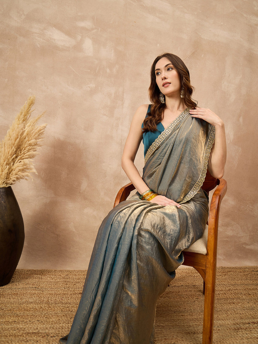 Silver Organza Solid with Gota Lace Saree with Unstitched Blouse