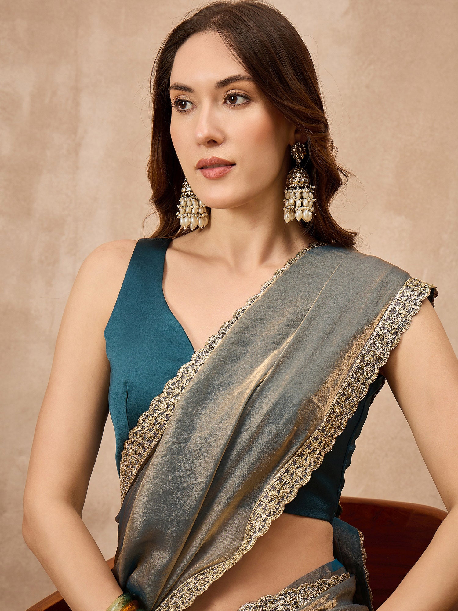 Silver Organza Solid with Gota Lace Saree with Unstitched Blouse