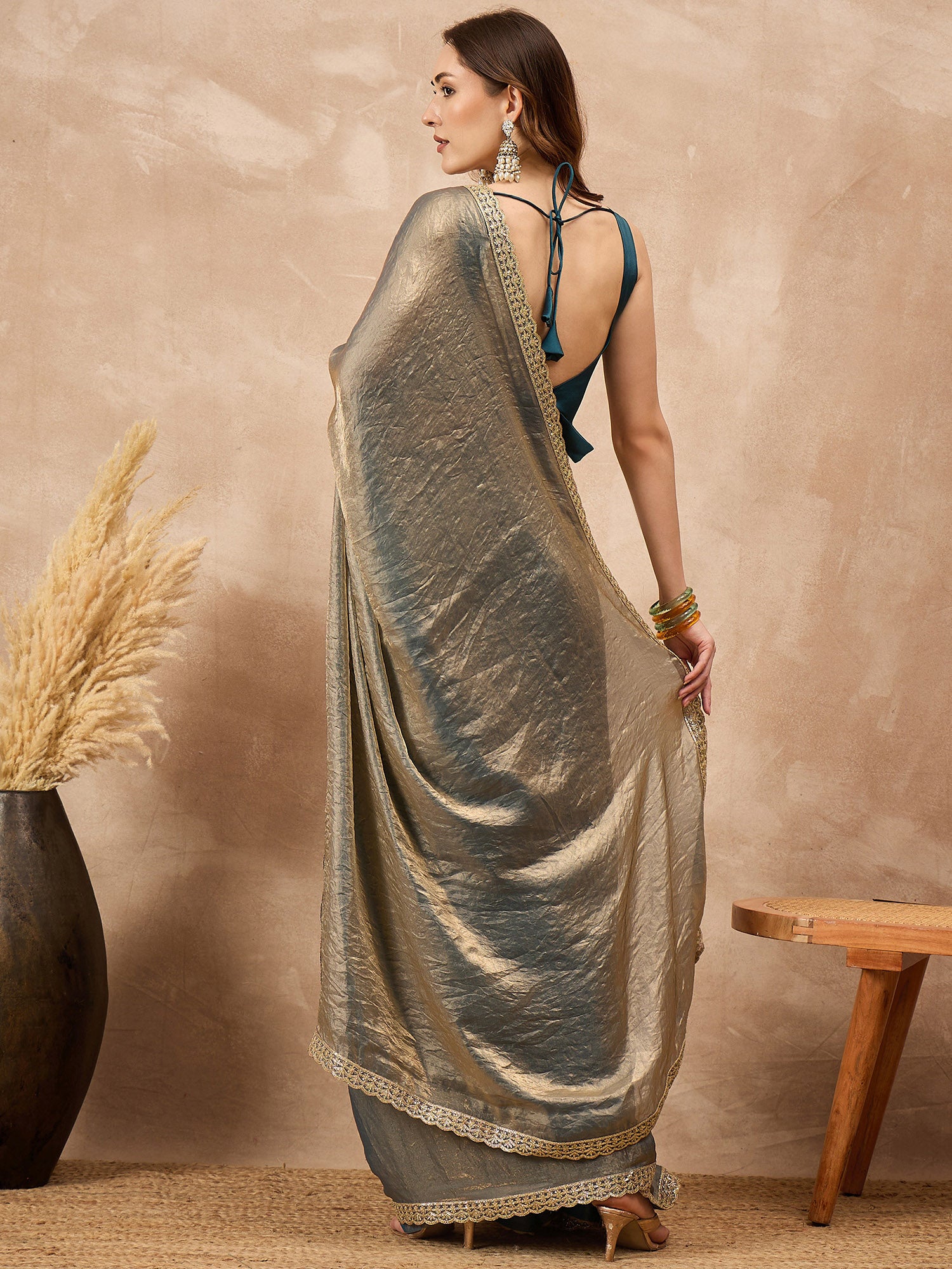 Silver Organza Solid with Gota Lace Saree with Unstitched Blouse