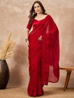 Red Organza Solid With Stone Work Border Saree with Unstitched Blouse