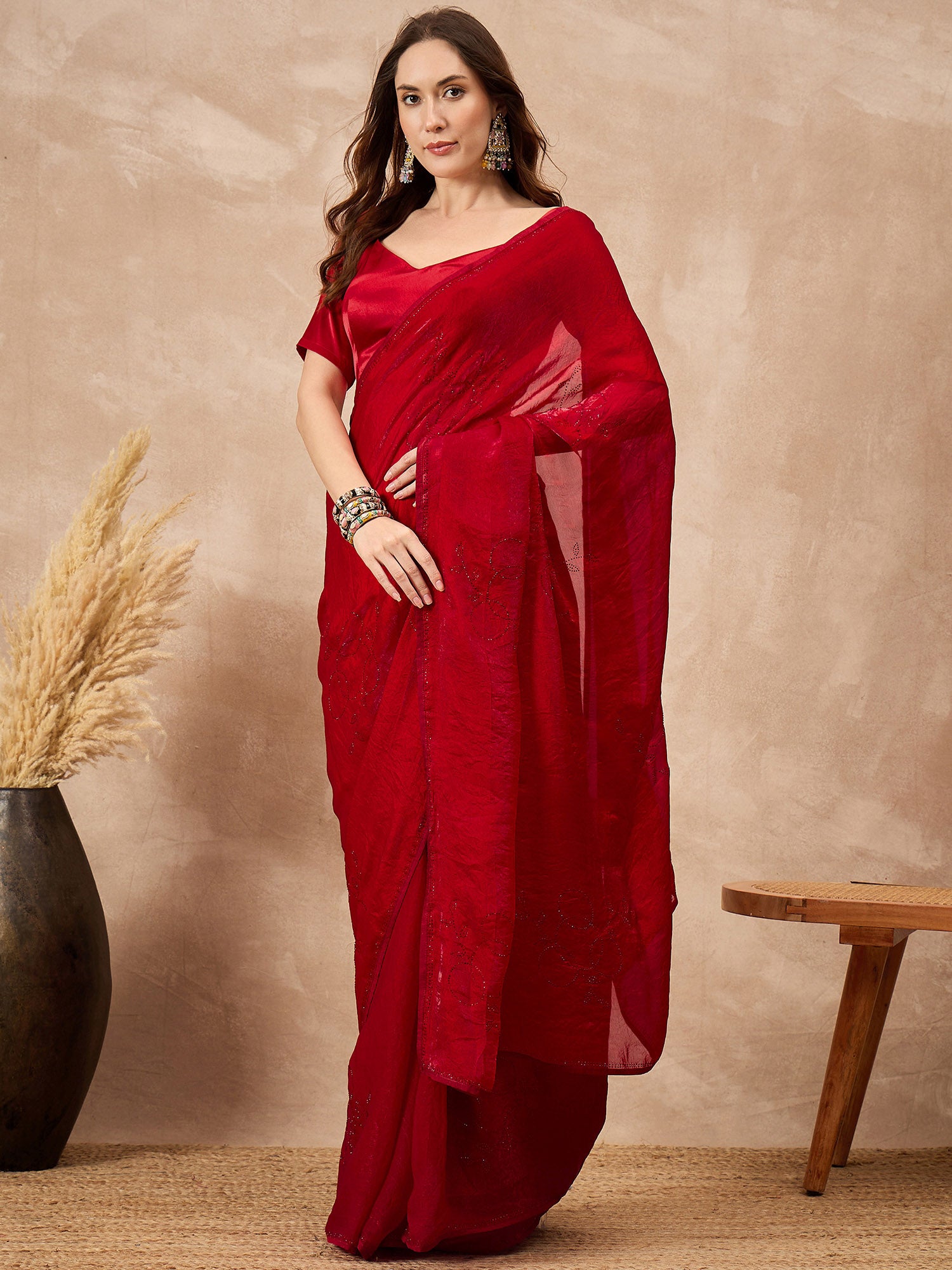 Red Organza Solid With Stone Work Border Saree with Unstitched Blouse