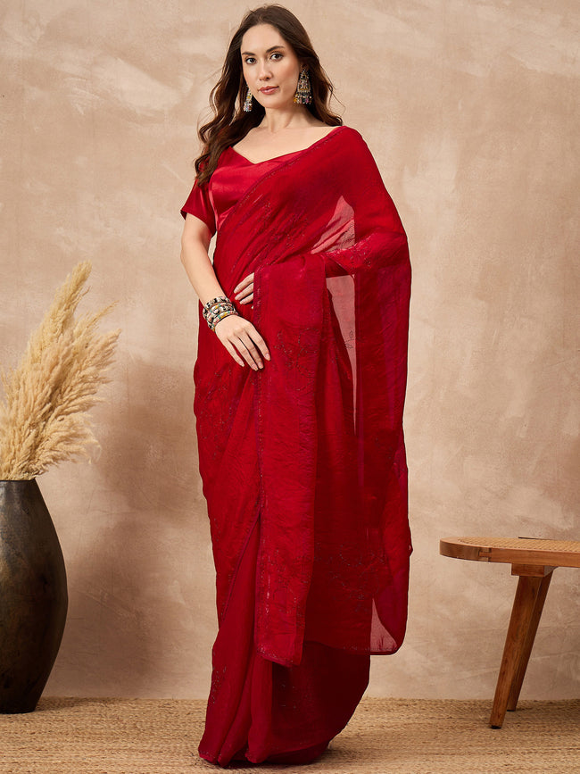 Red Organza Solid With Stone Work Border Saree with Unstitched Blouse