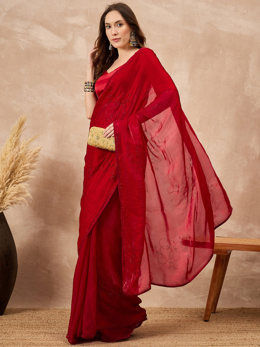 Red Organza Solid With Stone Work Border Saree with Unstitched Blouse