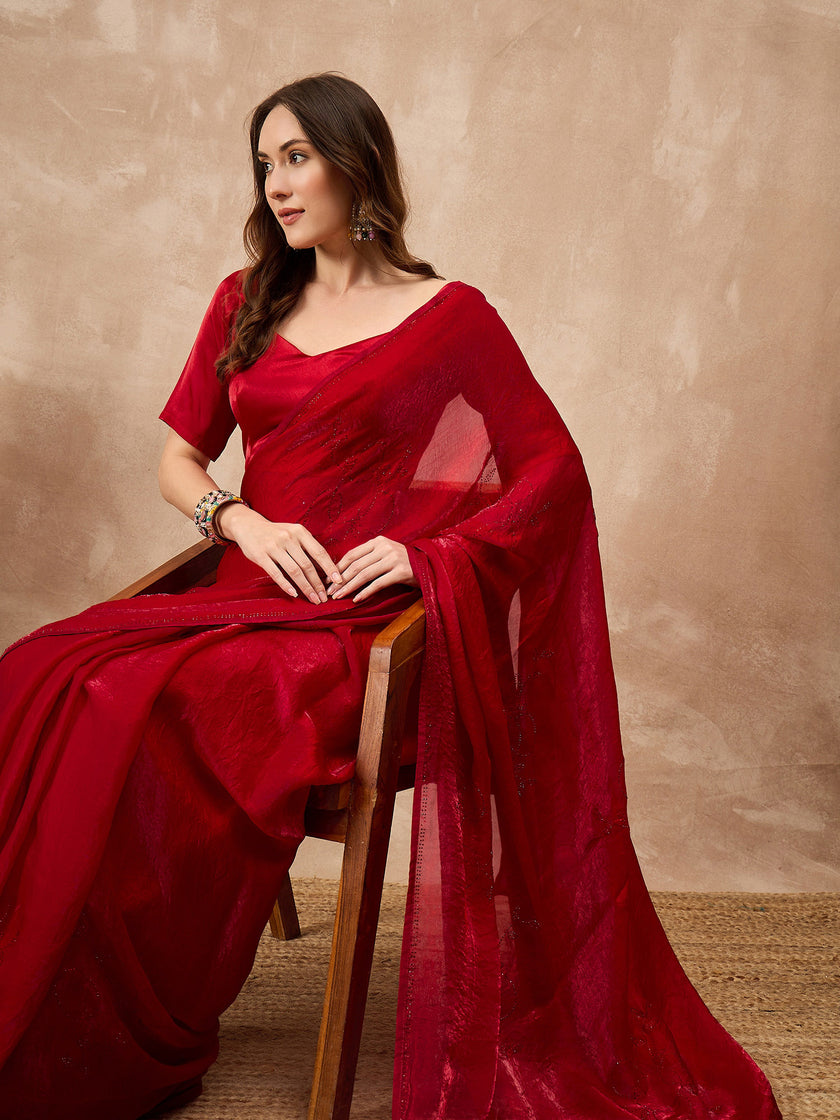 Red Organza Solid With Stone Work Border Saree with Unstitched Blouse