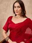Red Organza Solid With Stone Work Border Saree with Unstitched Blouse