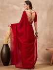 Red Organza Solid With Stone Work Border Saree with Unstitched Blouse