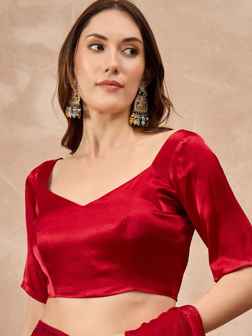 Red Organza Solid With Stone Work Border Saree with Unstitched Blouse