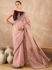 Peach Organza Solid With Embroidered Border Saree with Unstitched Fancy Blouse