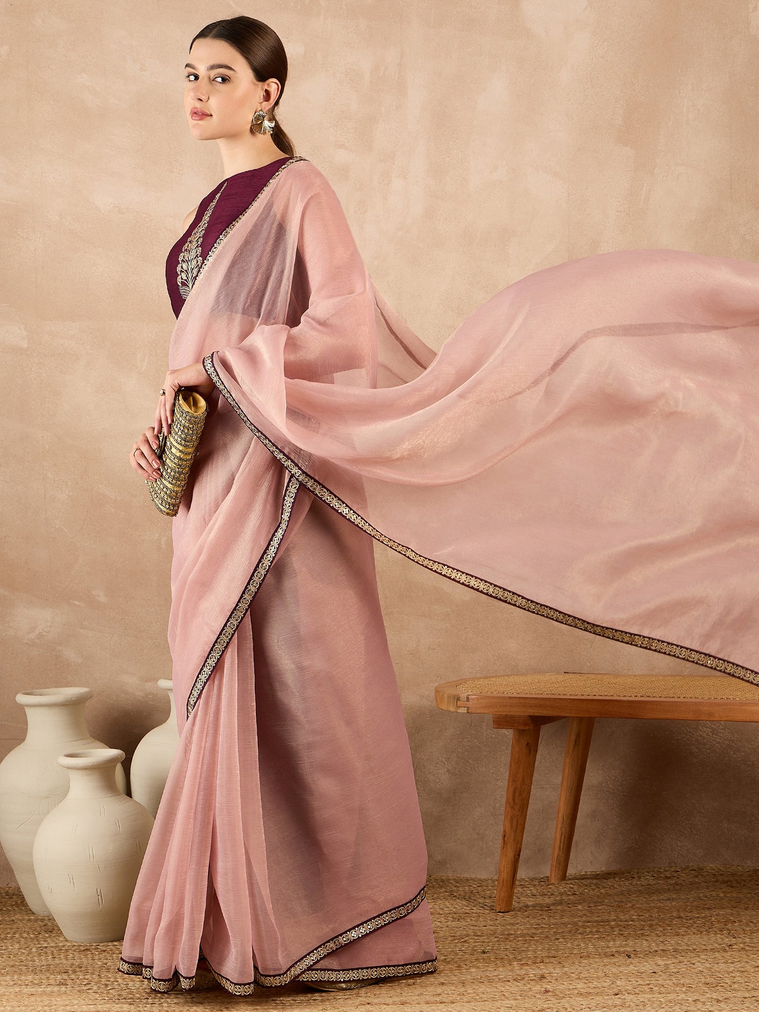 Peach Organza Solid With Embroidered Border Saree with Unstitched Fancy Blouse