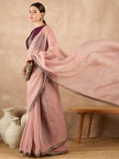 Peach Organza Solid With Embroidered Border Saree with Unstitched Fancy Blouse