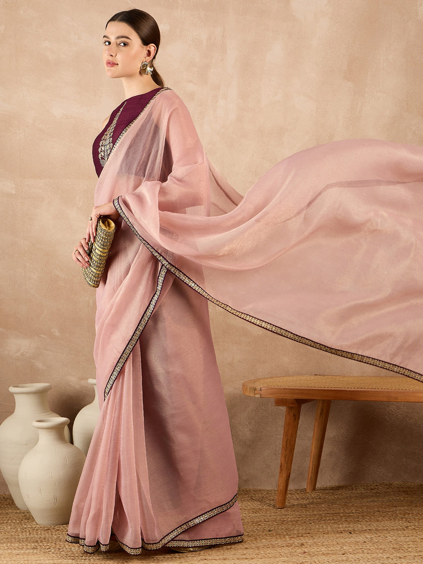 Peach Organza Solid With Embroidered Border Saree with Unstitched Fancy Blouse