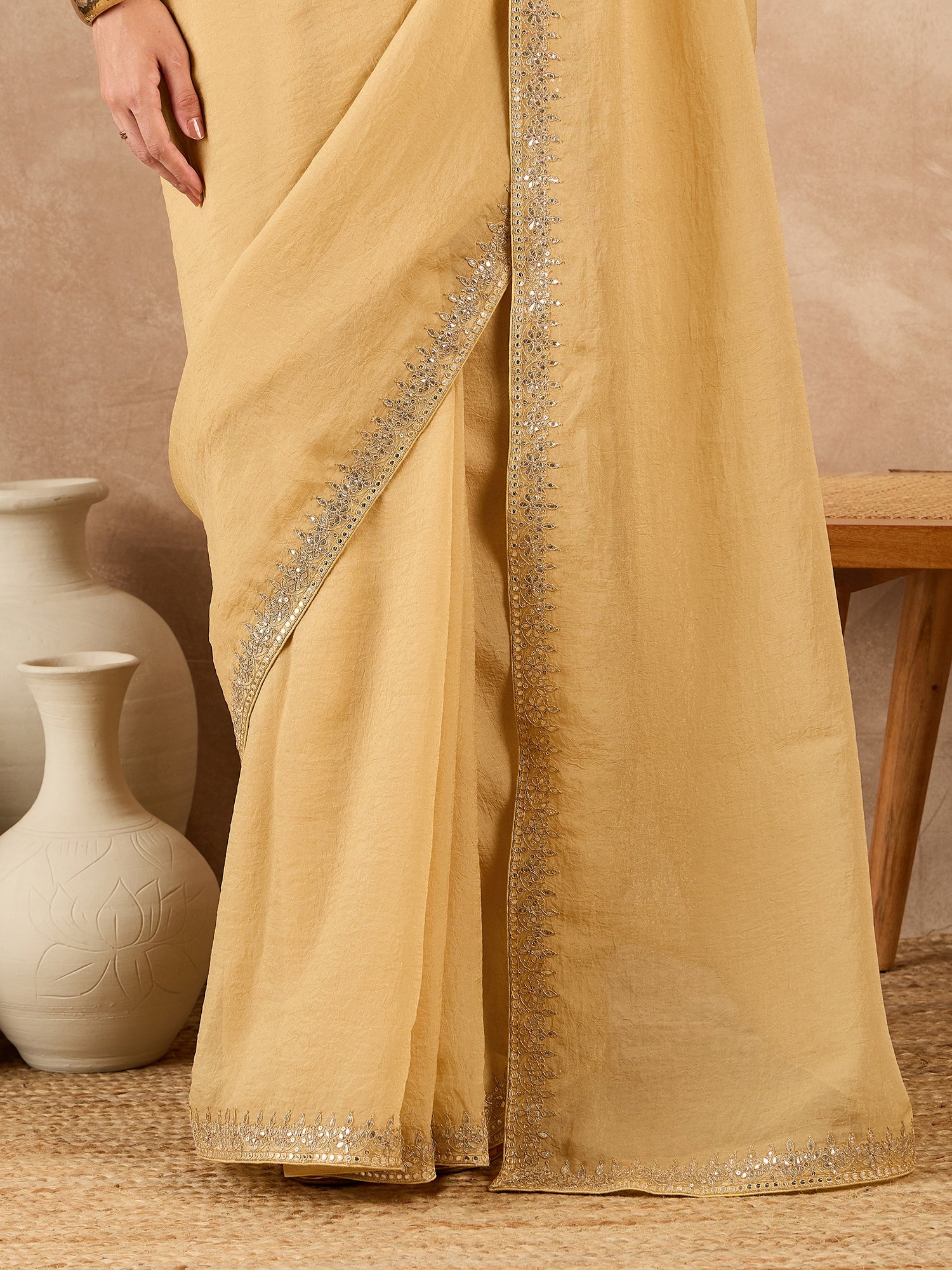 Lemon Organza Solid With Embroidered Border Saree with Unstitched Fancy Blouse