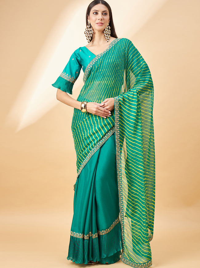 Dark Green Pure Chiffon Lehariya with Embroidery Lace Half & Half Printed   Saree with Unstitched Fancy Blouse