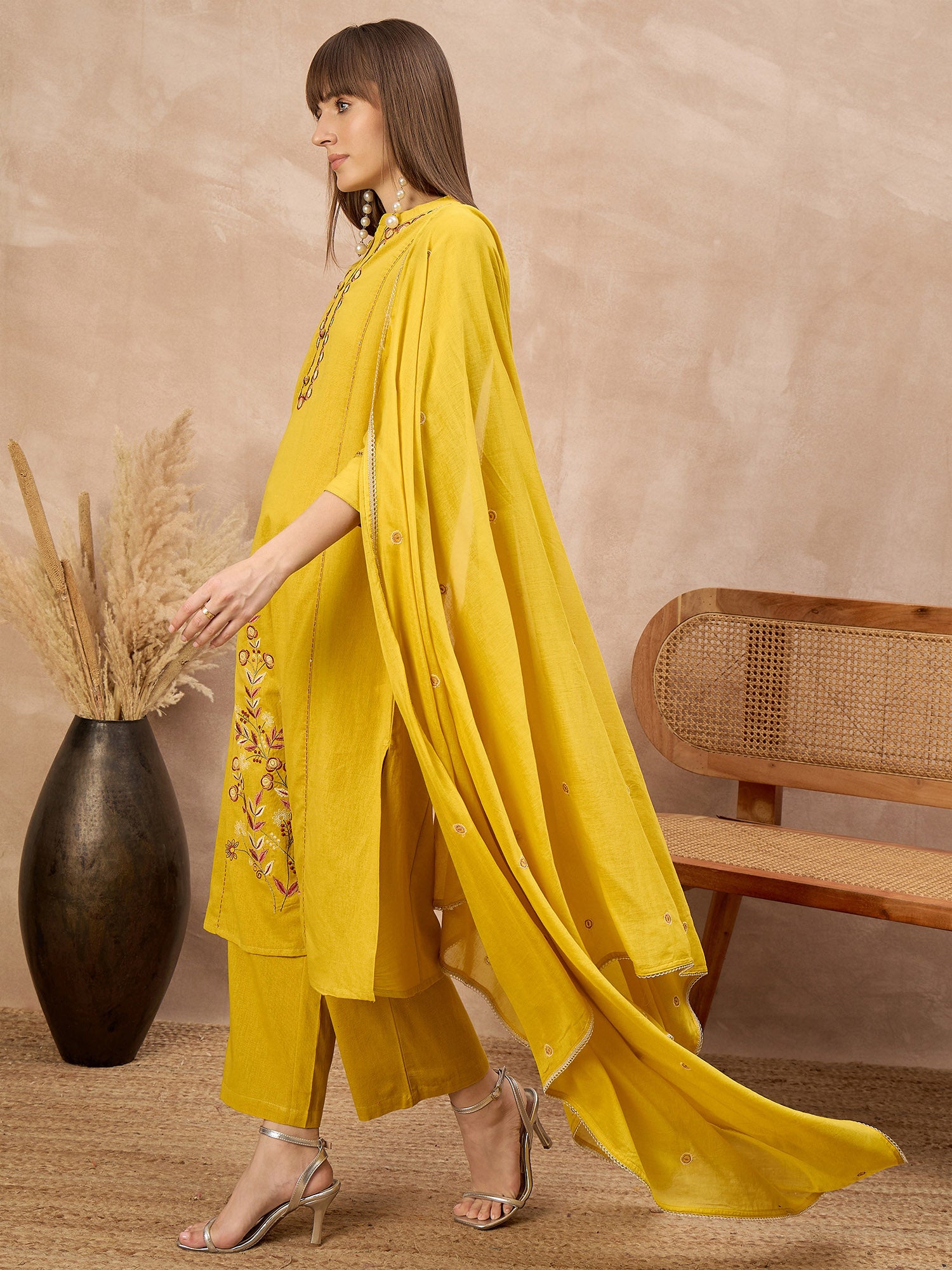 Yellow Pure Cotton Floral Embroidered With Buttons A-Line Kurta Trouser With Dupatta