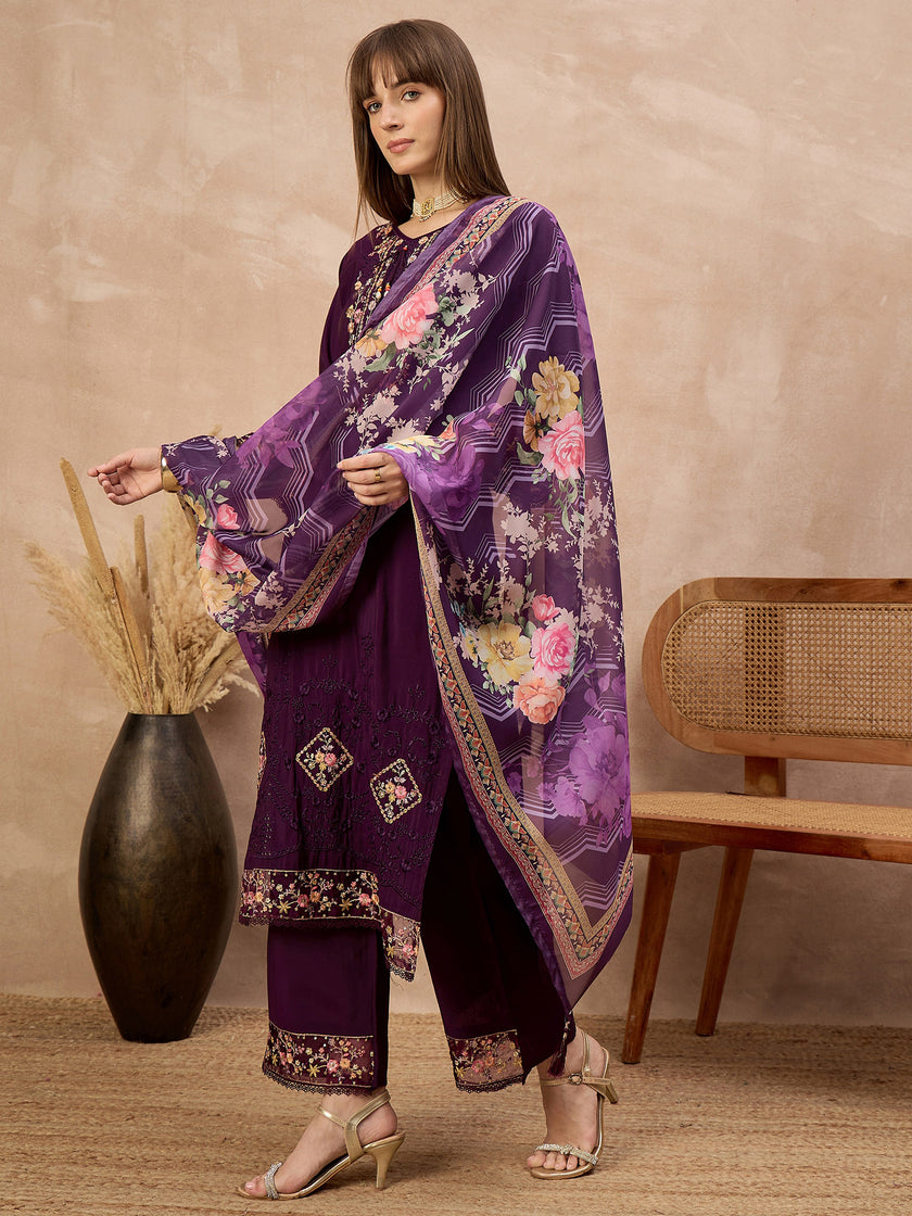 Purple Pure Cotton Beads & Stone Embroidered A-Line Kurta Trouser With Printed Dupatta