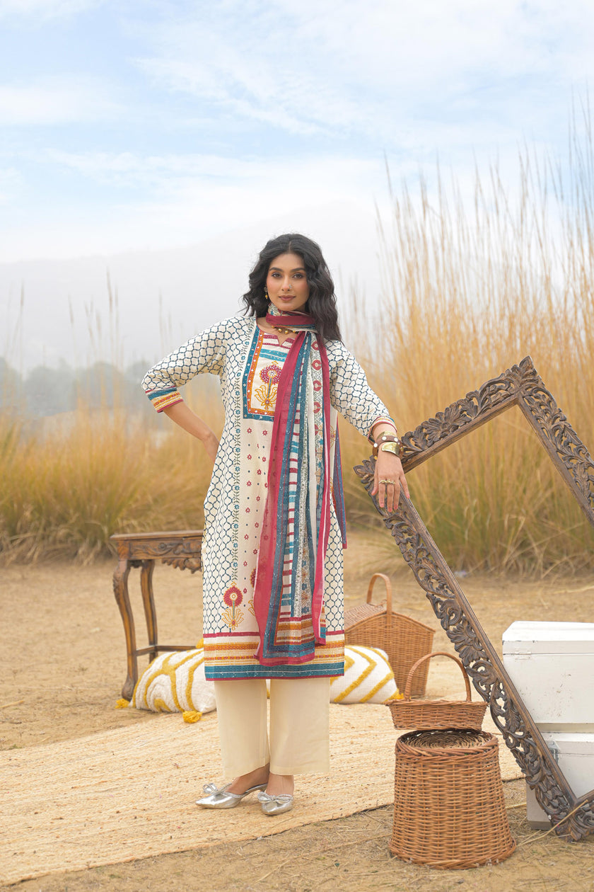 Multi Pure Cotton Ajrakh Printed A-Line Kurta Trouser With Dupatta