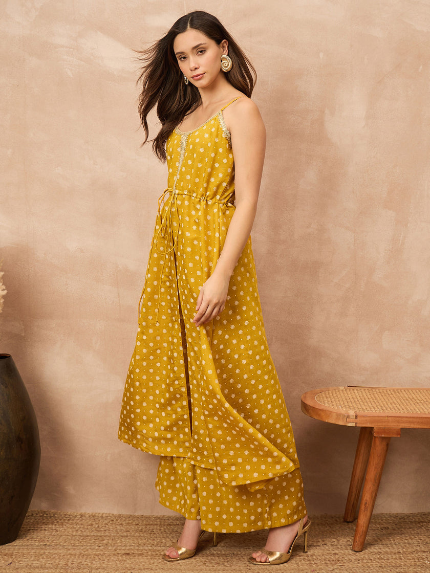Yellow Silk Blend Printed A-Line Kurta Palazzo