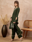 Green Pure Cotton Embroidered A-Line Kurta Trouser With Embroidered Dupatta
