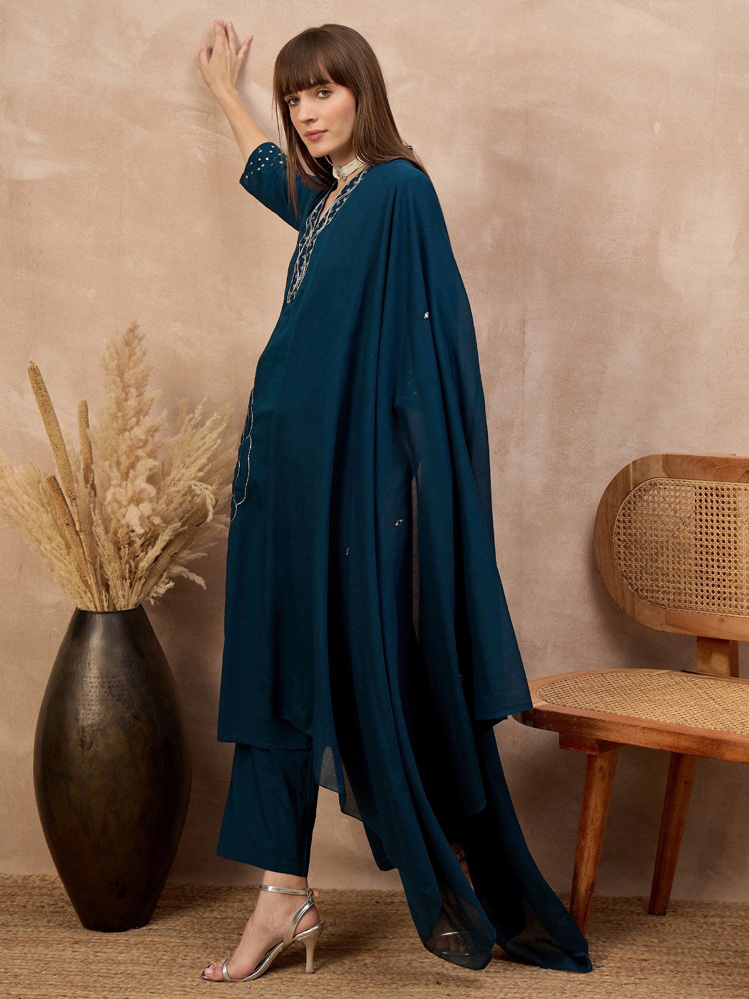 Blue Pure Cotton Floral Embroidered A-Line Kurta Trouser With Dupatta