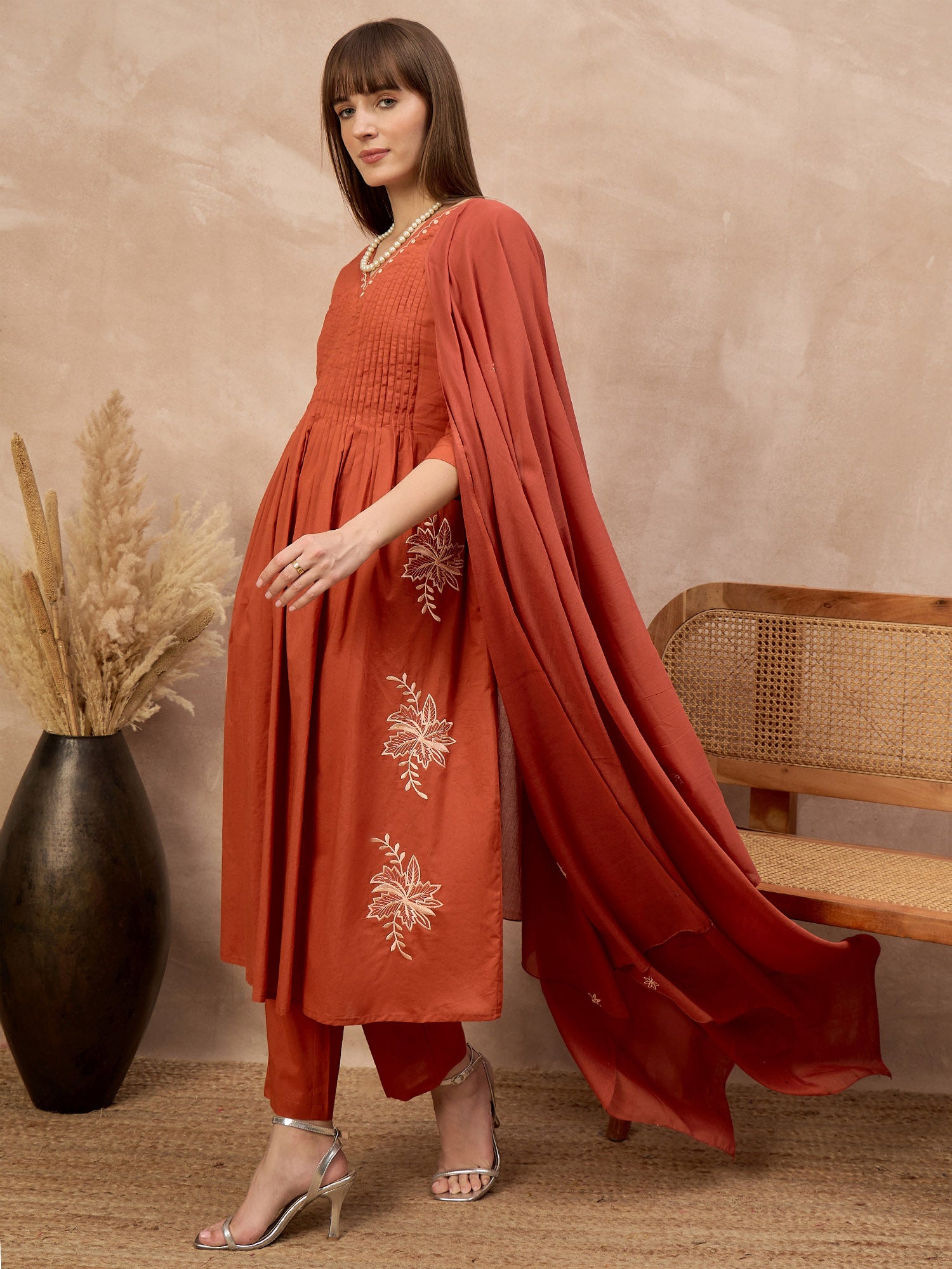 Orange Pure Cotton Embroidered Pleated A-Line Kurta Trouser With Dupatta