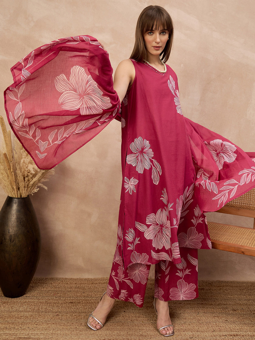 Rose Pure Cotton Floral Printed A-Line Sleeveless Kurta Trouser With Printed Dupatta