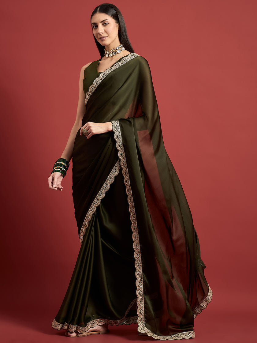 Olive Satin Solid With Embroidered Border Saree with Unstitched Fancy Blouse