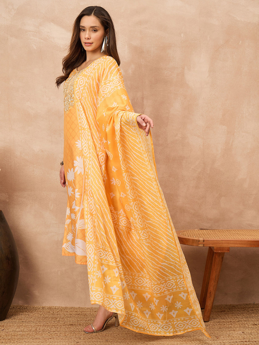 Mustard Silk Blend Printed A-Line Kurta Trouser with Dupatta