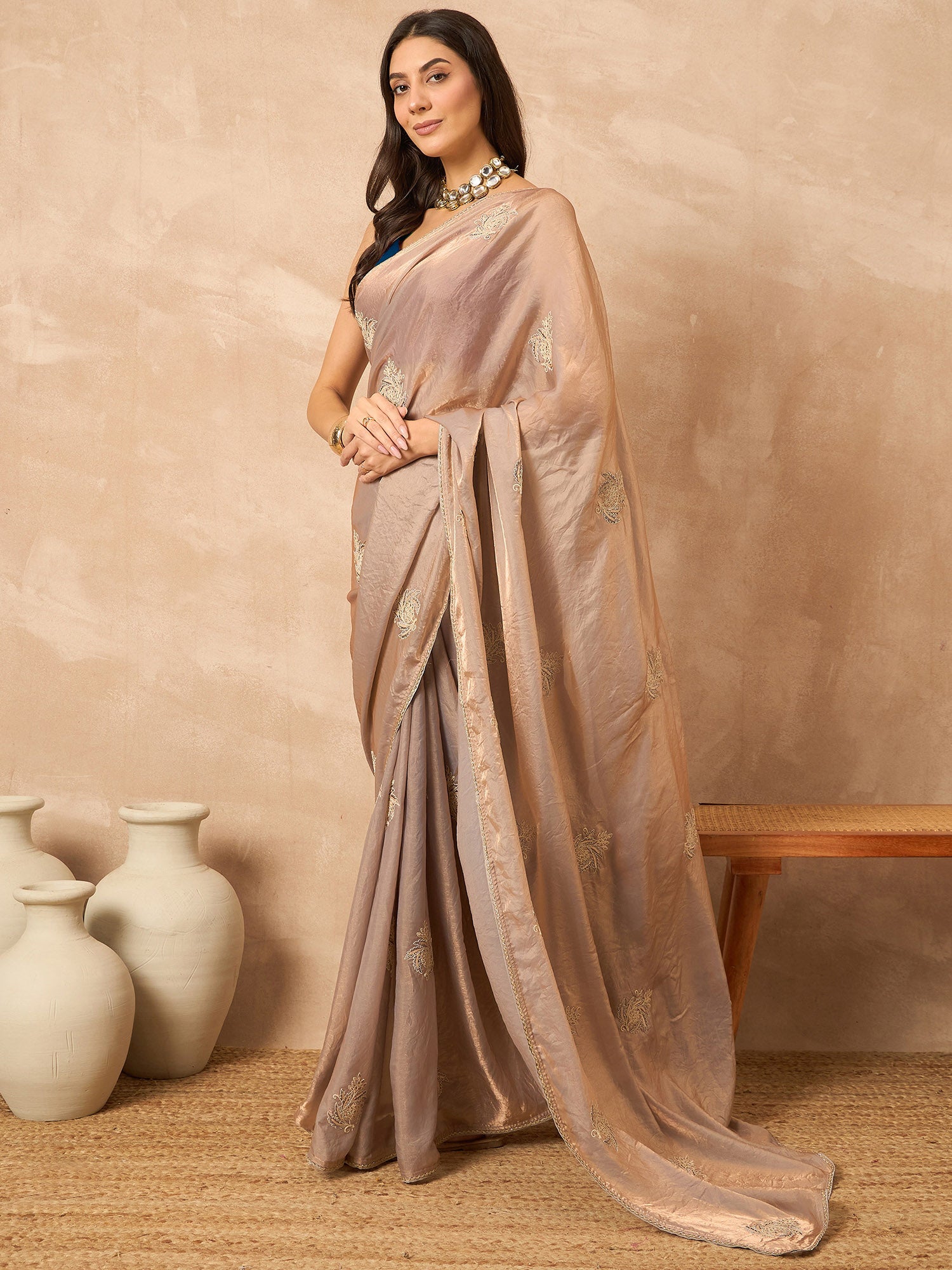 Beige Satin Solid with Coding Border Saree with Unstitched Blouse