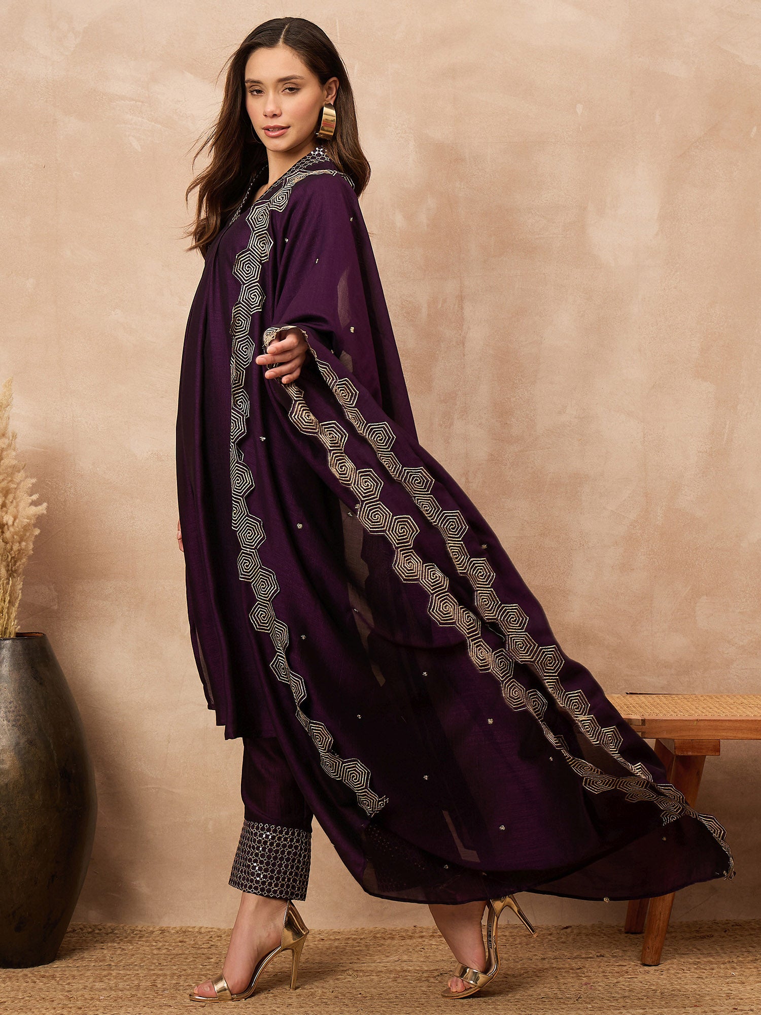 Purple Silk Blend Solid A-Line Kurta Trouser with Dupatta