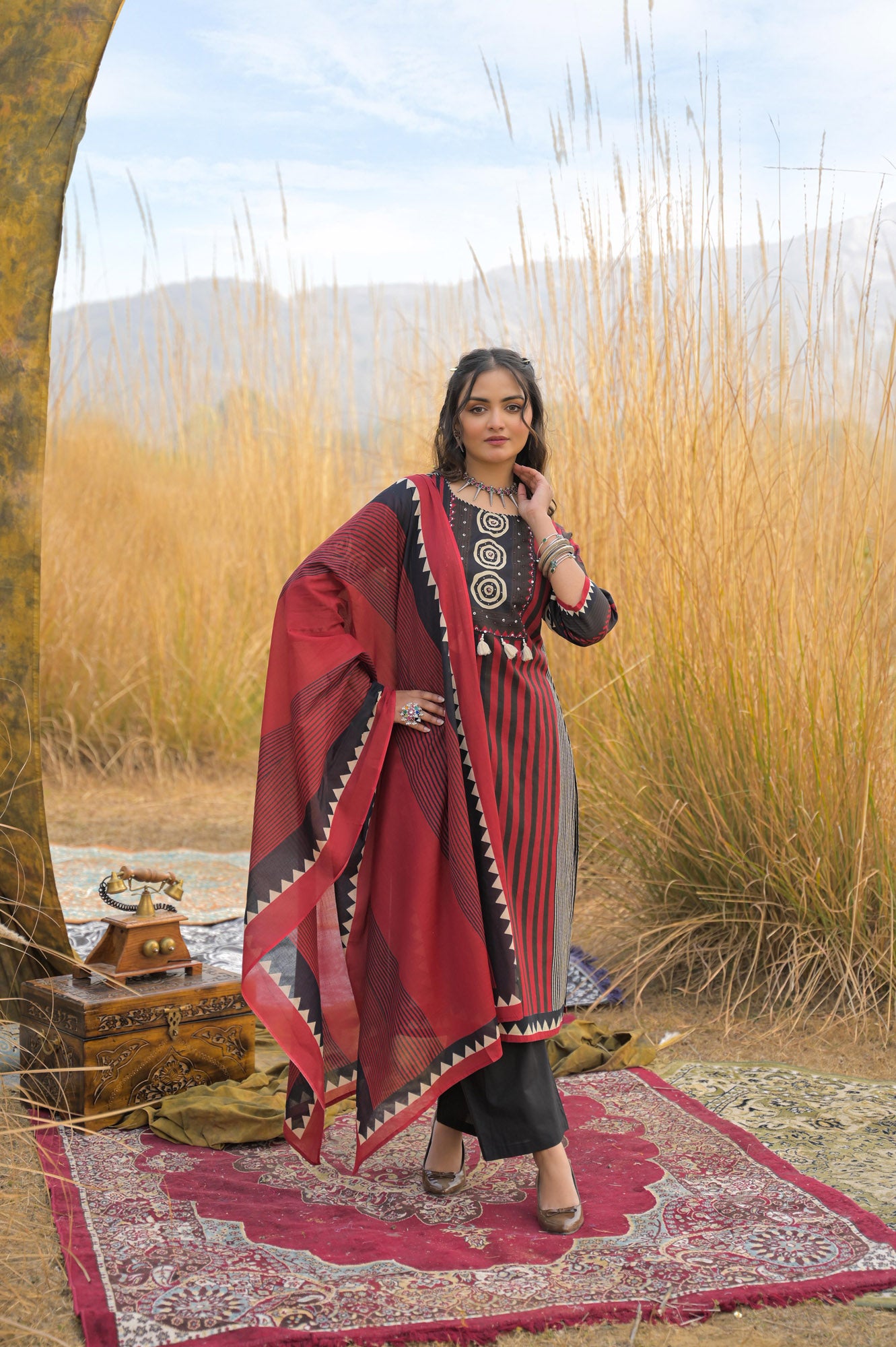 Red Pure Cotton Ajrakh Printed A-Line Kurta Trouser With Dupatta