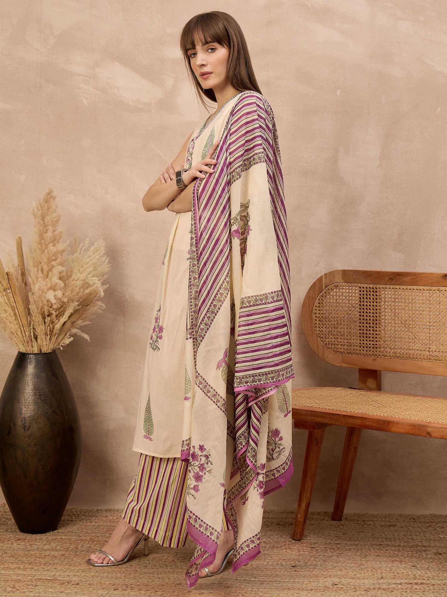 Multi Pure Cotton Floral Printed A-Line Sleeveless Kurta Trouser With Printed Dupatta