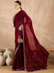 Maroon Satin Solid With Embroidered Border Saree with Unstitched Fancy Blouse