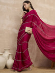 Magenta Satin Stripped Silver Jari Work  Saree with Unstitched Blouse