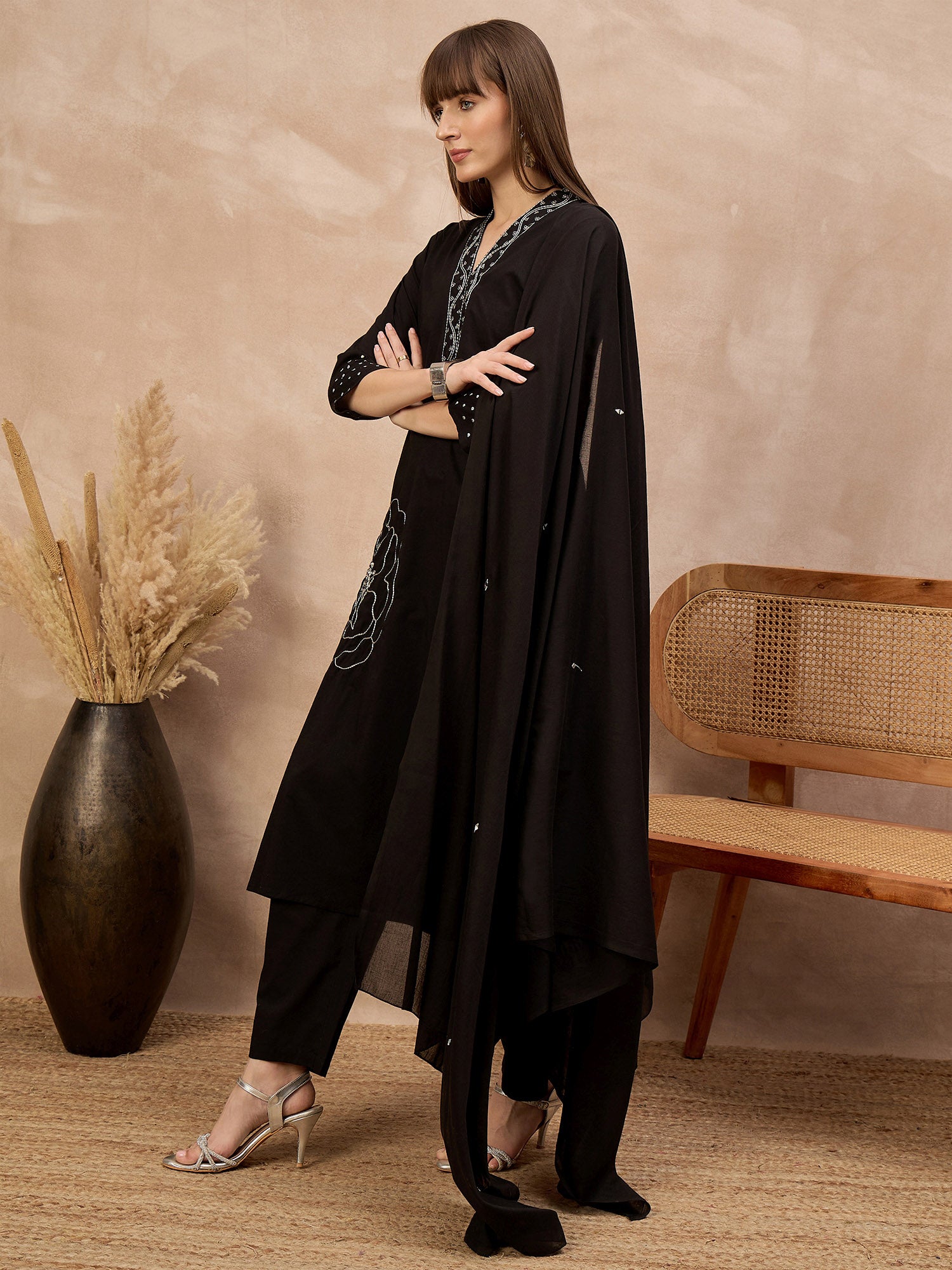 Black Pure Cotton Floral Embroidered A-Line Kurta Trouser With Dupatta