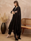 Black Pure Cotton Floral Embroidered A-Line Kurta Trouser With Dupatta