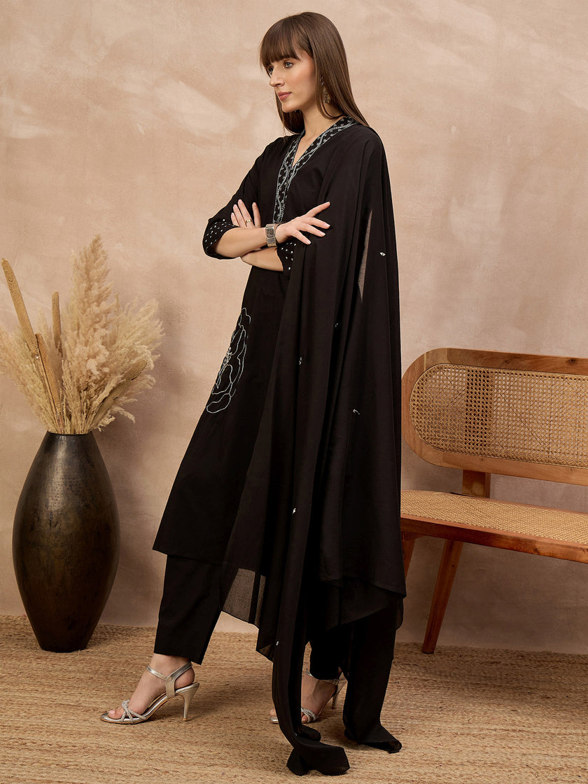 Black Pure Cotton Floral Embroidered A-Line Kurta Trouser With Dupatta