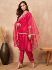 Rose Chanderi Silk Solid A-Line Kurta Trouser with Dupatta