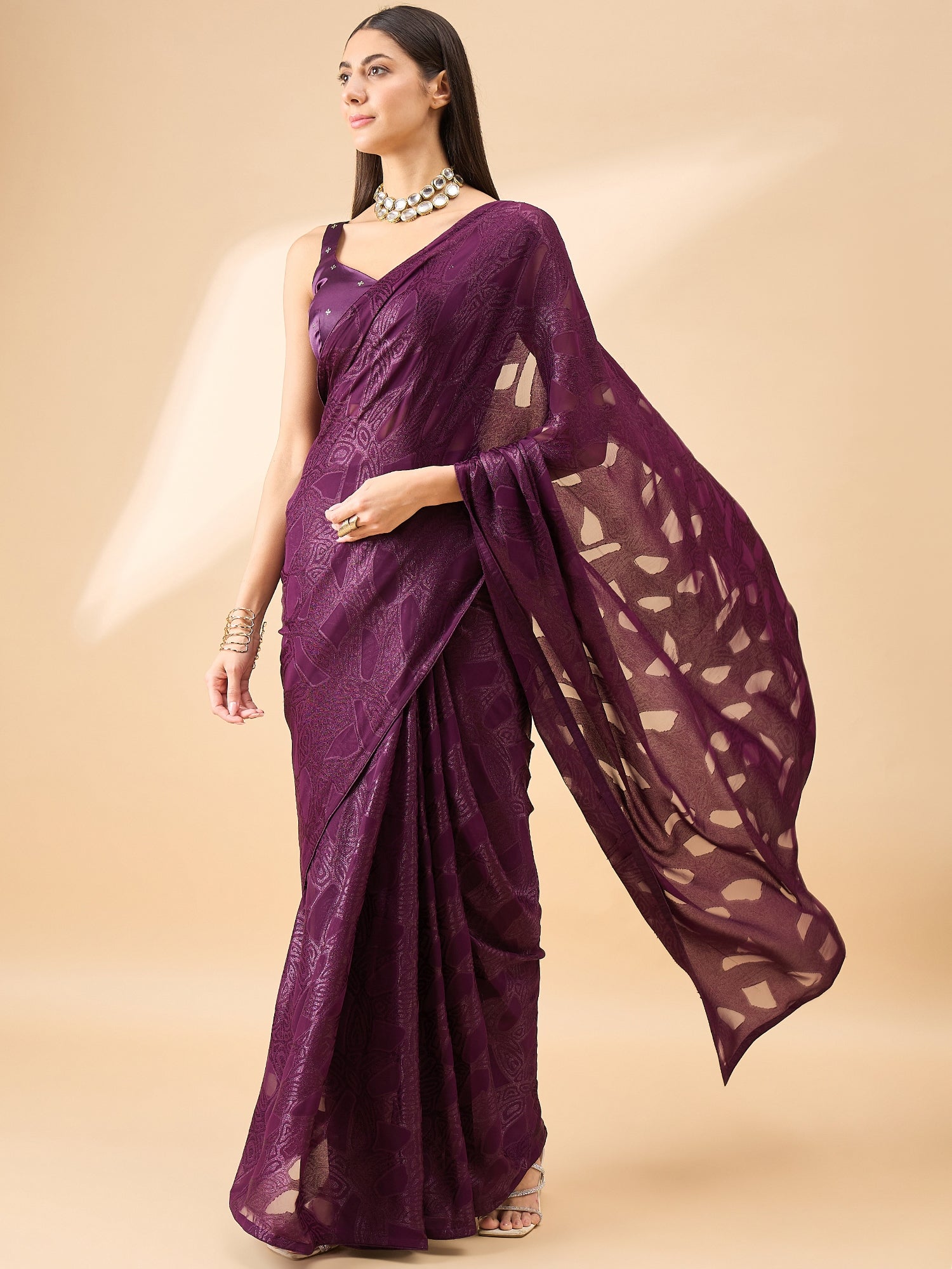 Wine Brasso Woven Design  Saree with Unstitched Fancy Blouse
