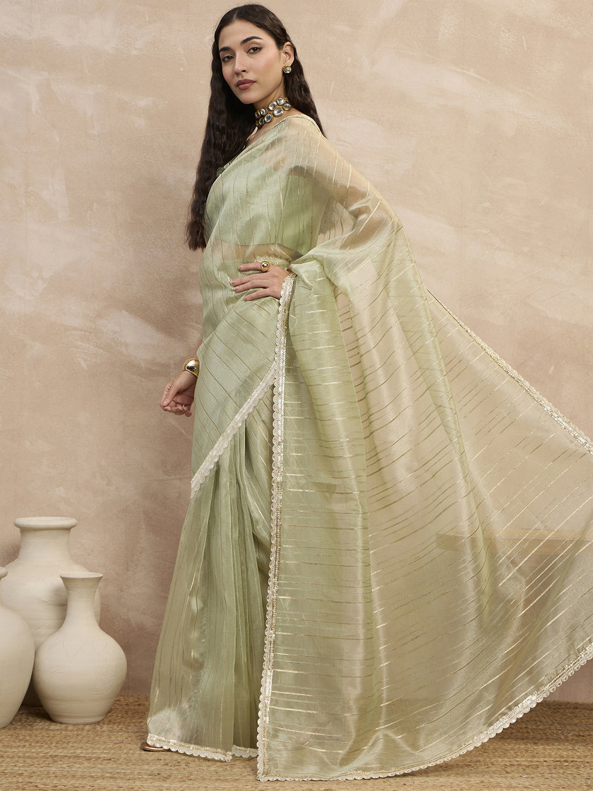 Light Green Organza Ready to Wear with Embroidered Lace Saree with Unstitched Blouse