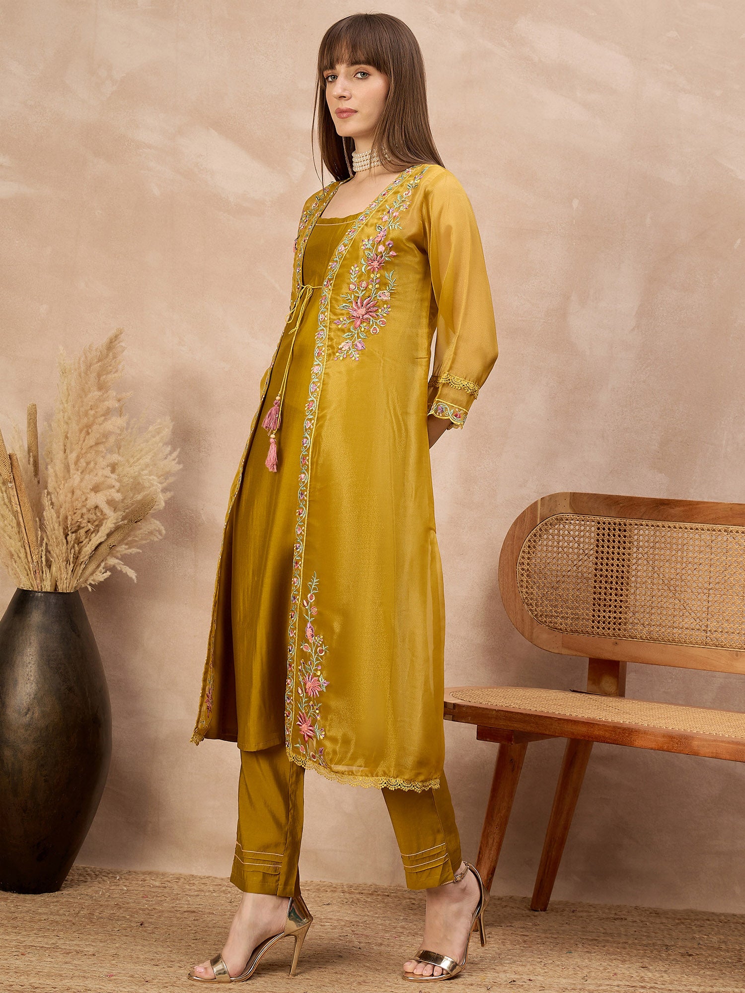 Mustard Pure Cotton Solid A-Line Kurta Trouser With Floral & Mirror Embroidered Shrug