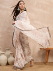 Off-White Pure Chiffon Digital Print With Embellished Lace Saree with Unstitched Blouse