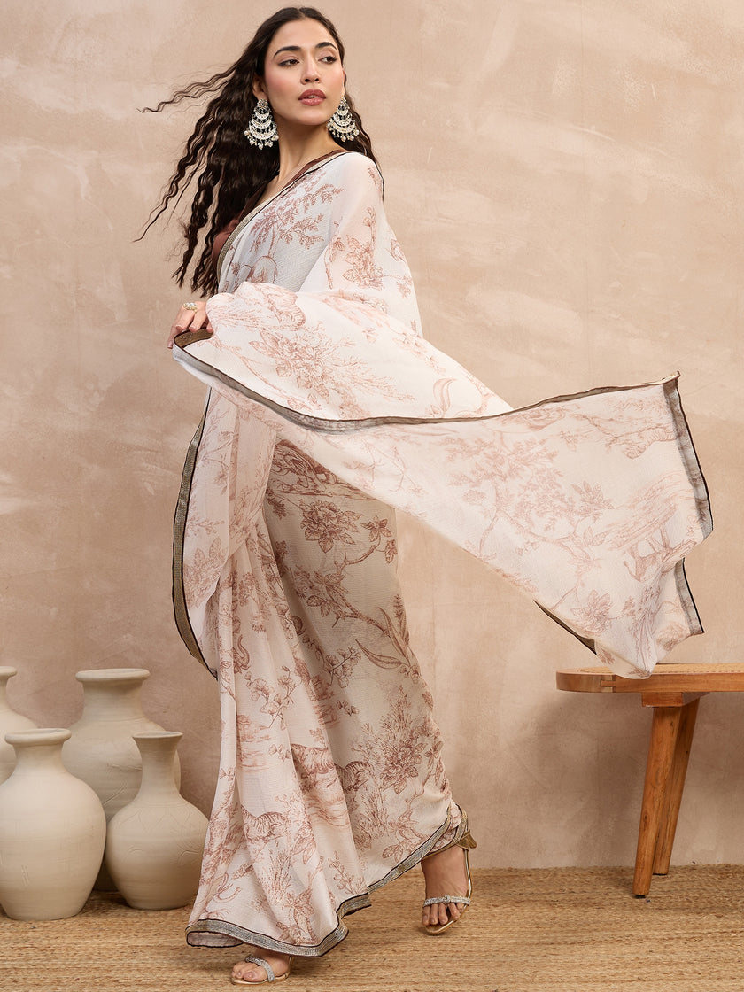 Off-White Pure Chiffon Digital Print With Embellished Lace Saree with Unstitched Blouse