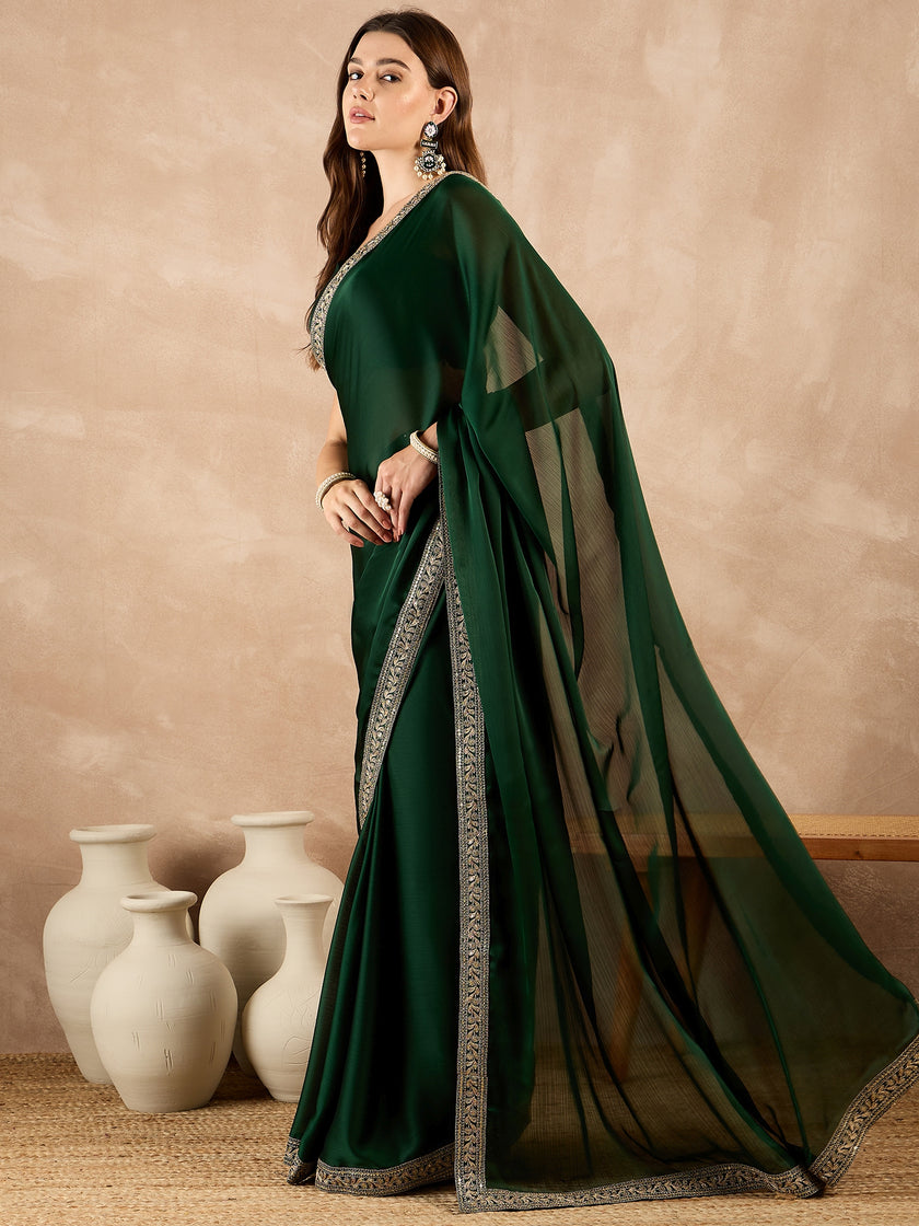 Green Satin Solid With Embroidered Border Saree with Unstitched Fancy Blouse