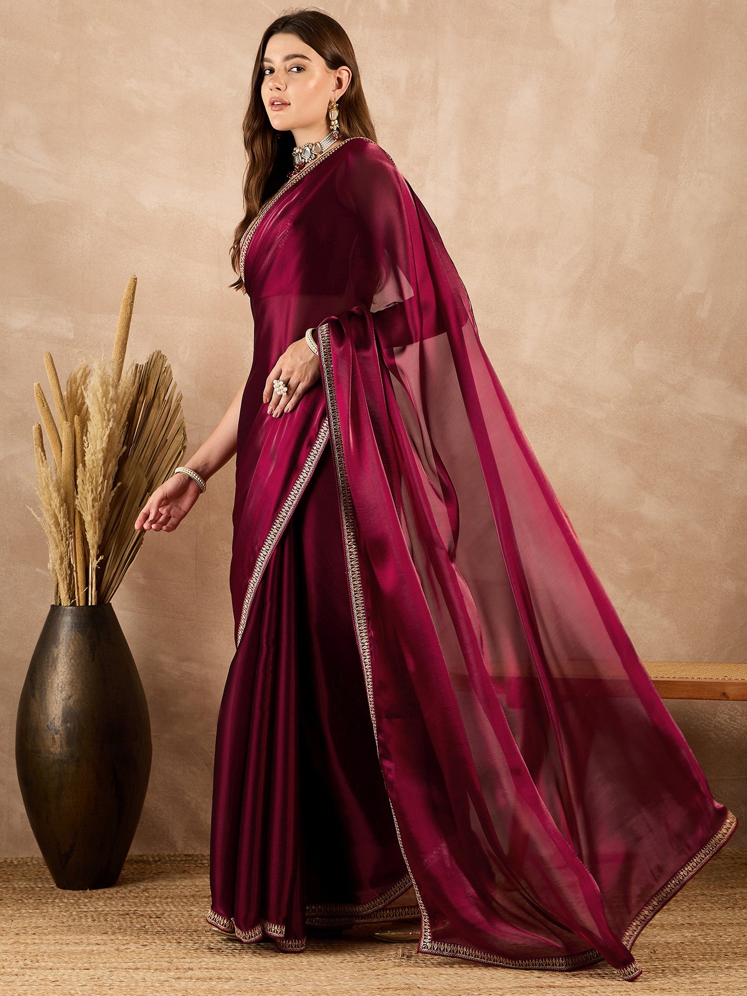 Maroon Satin Solid With Sequenced Lace Saree with Unstitched Fancy Blouse