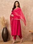 Red Silk Blend Solid A-Line Kurta Trouser with Dupatta