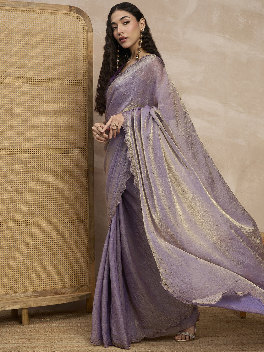 Lavender Satin All Over Stone Work With Stone Work Border Saree with Unstitched Blouse
